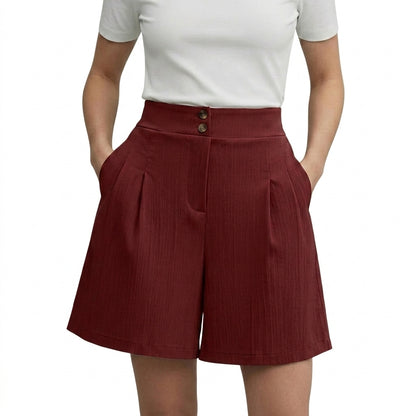 Mujeres Pantalones cortos de cintura alta con pernera ancha y pinzas delanteras y cierre de doble botón-Shorts for women-Casaluzia