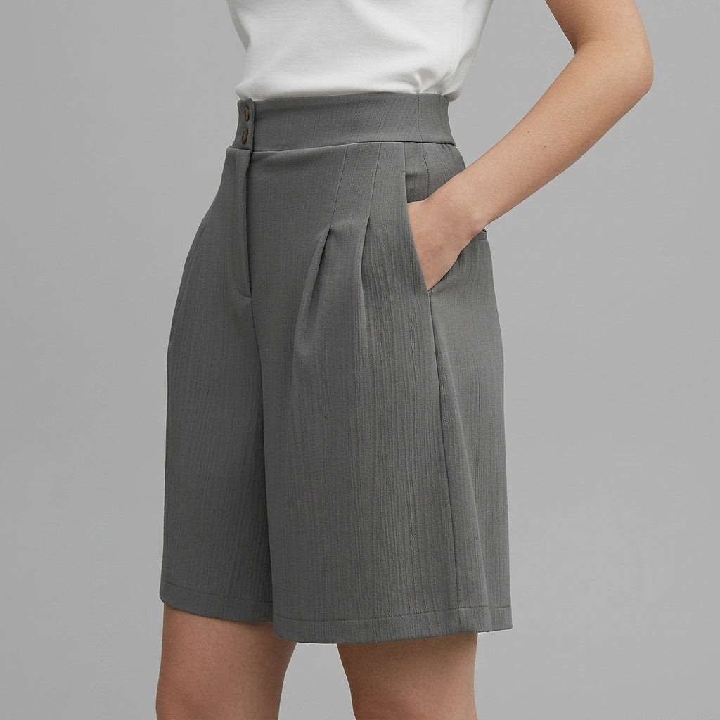 Mujeres Pantalones cortos de cintura alta con pernera ancha y pinzas delanteras y cierre de doble botón-Shorts for women-Casaluzia
