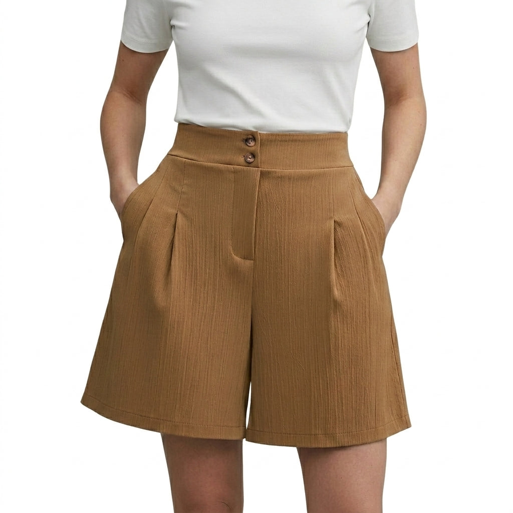 Mujeres Pantalones cortos de cintura alta con pernera ancha y pinzas delanteras y cierre de doble botón-Shorts for women-Casaluzia