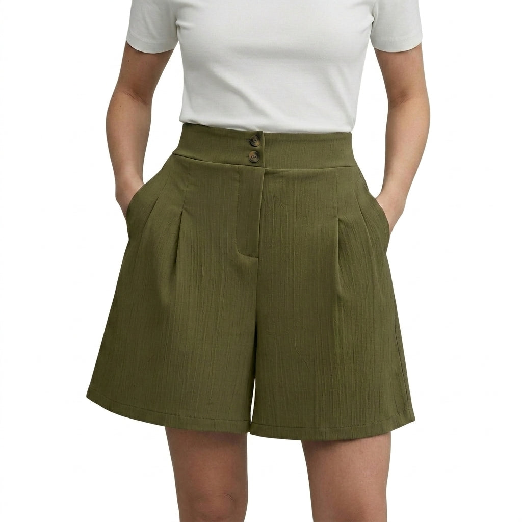 Mujeres Pantalones cortos de cintura alta con pernera ancha y pinzas delanteras y cierre de doble botón-Shorts for women-Casaluzia