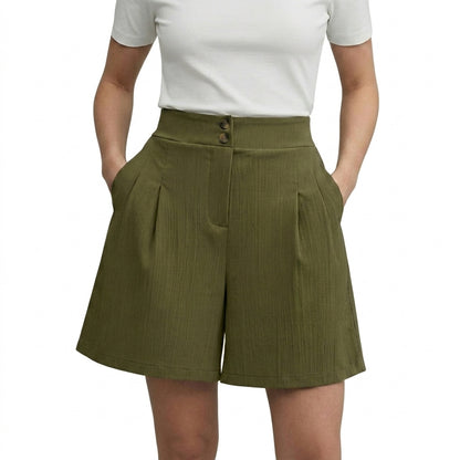 Mujeres Pantalones cortos de cintura alta con pernera ancha y pinzas delanteras y cierre de doble botón-Shorts for women-Casaluzia