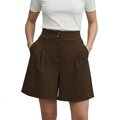 Mujeres Pantalones cortos de cintura alta con pernera ancha y pinzas delanteras y cierre de doble botón-Shorts for women-Casaluzia