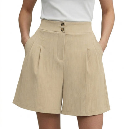 Mujeres Pantalones cortos de cintura alta con pernera ancha y pinzas delanteras y cierre de doble botón-Shorts for women-Casaluzia