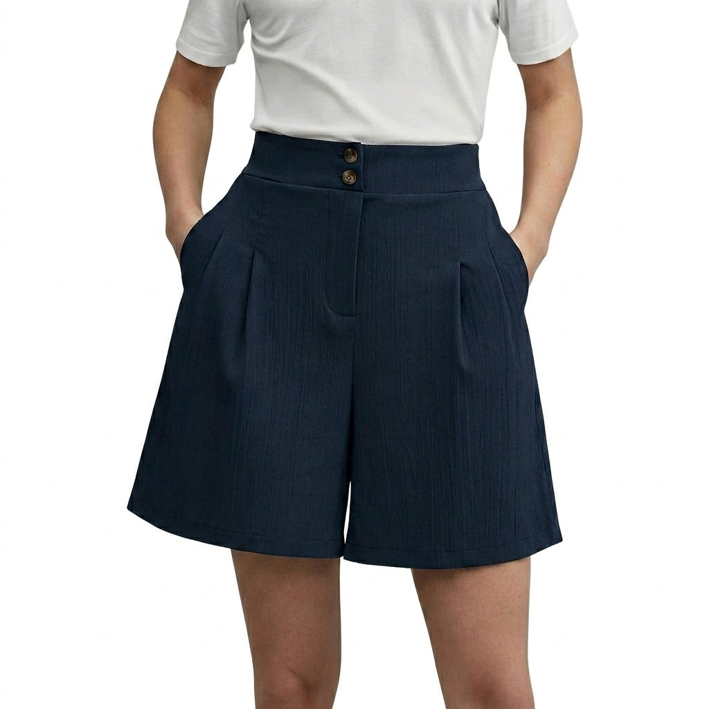 Mujeres Pantalones cortos de cintura alta con pernera ancha y pinzas delanteras y cierre de doble botón-Shorts for women-Casaluzia