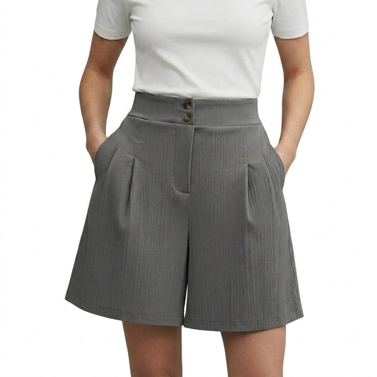 Mujeres Pantalones cortos de cintura alta con pernera ancha y pinzas delanteras y cierre de doble botón-Shorts for women-Casaluzia