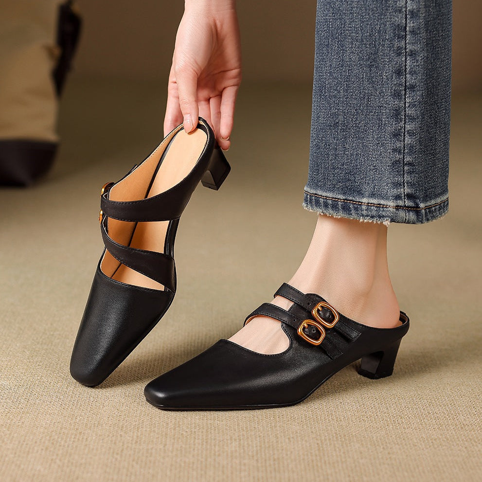 Mules de mujer con puntera cuadrada y doble tira-Footwear for women-Casaluzia
