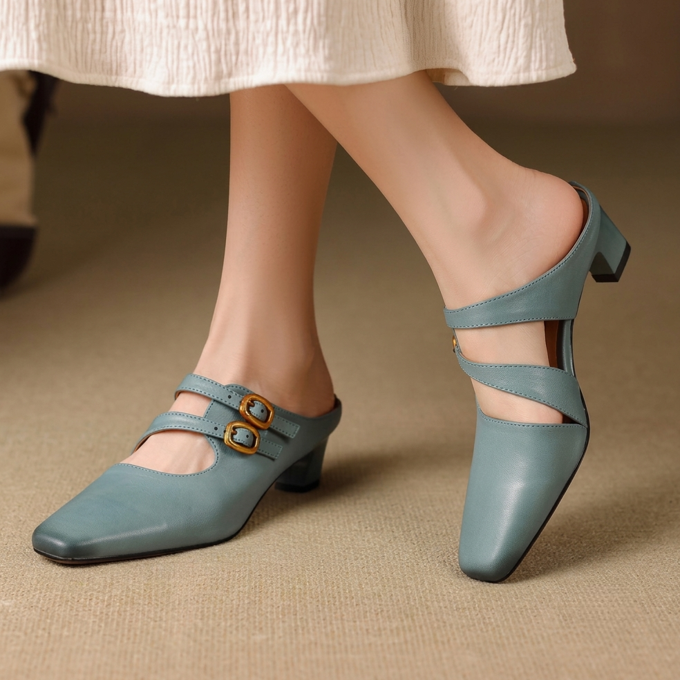 Mules de mujer con puntera cuadrada y doble tira-Footwear for women-Casaluzia
