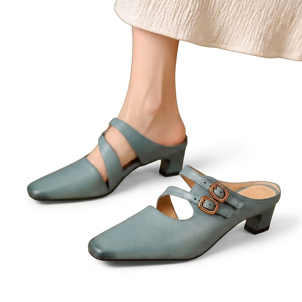 Mules de mujer con puntera cuadrada y doble tira-Footwear for women-Casaluzia