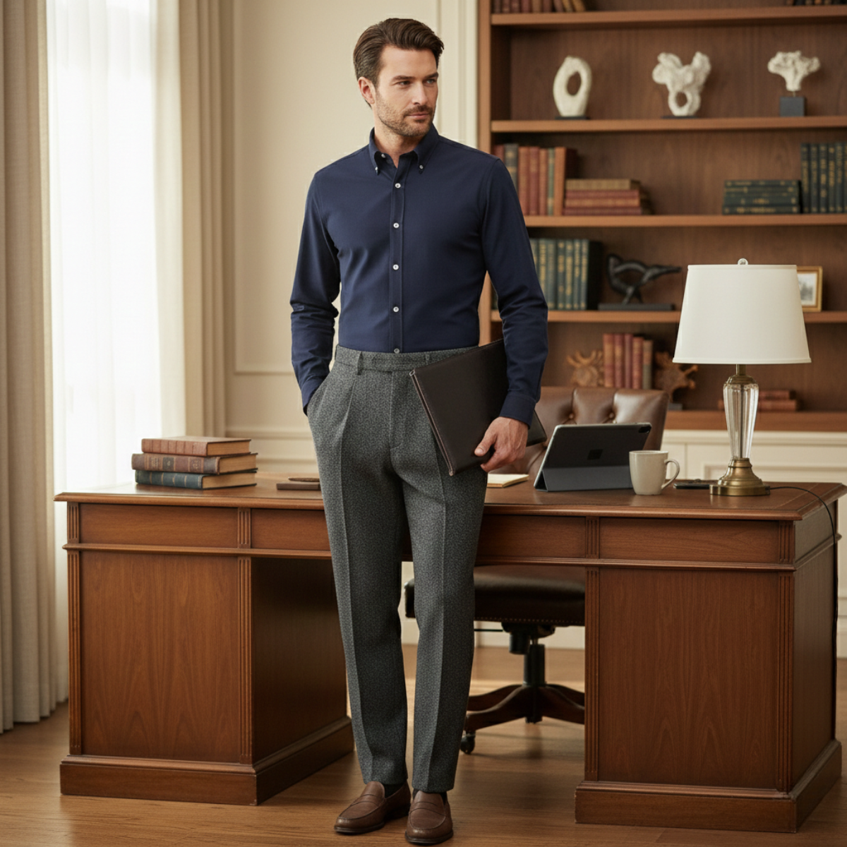 Pantalón de Hombre de Corte Recto con Patrón Espiga y Pliegues-Pant for Men-Casaluzia