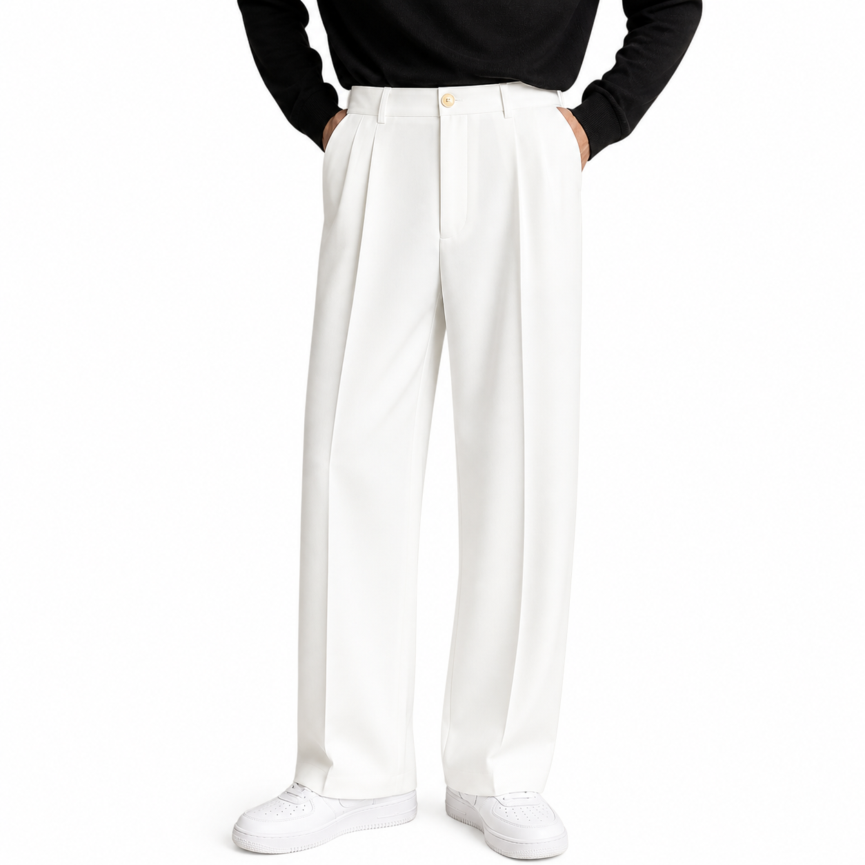Pantalón de hombre de corte recto con pliegues frontales y cierre de botón-Pant for Men-Casaluzia