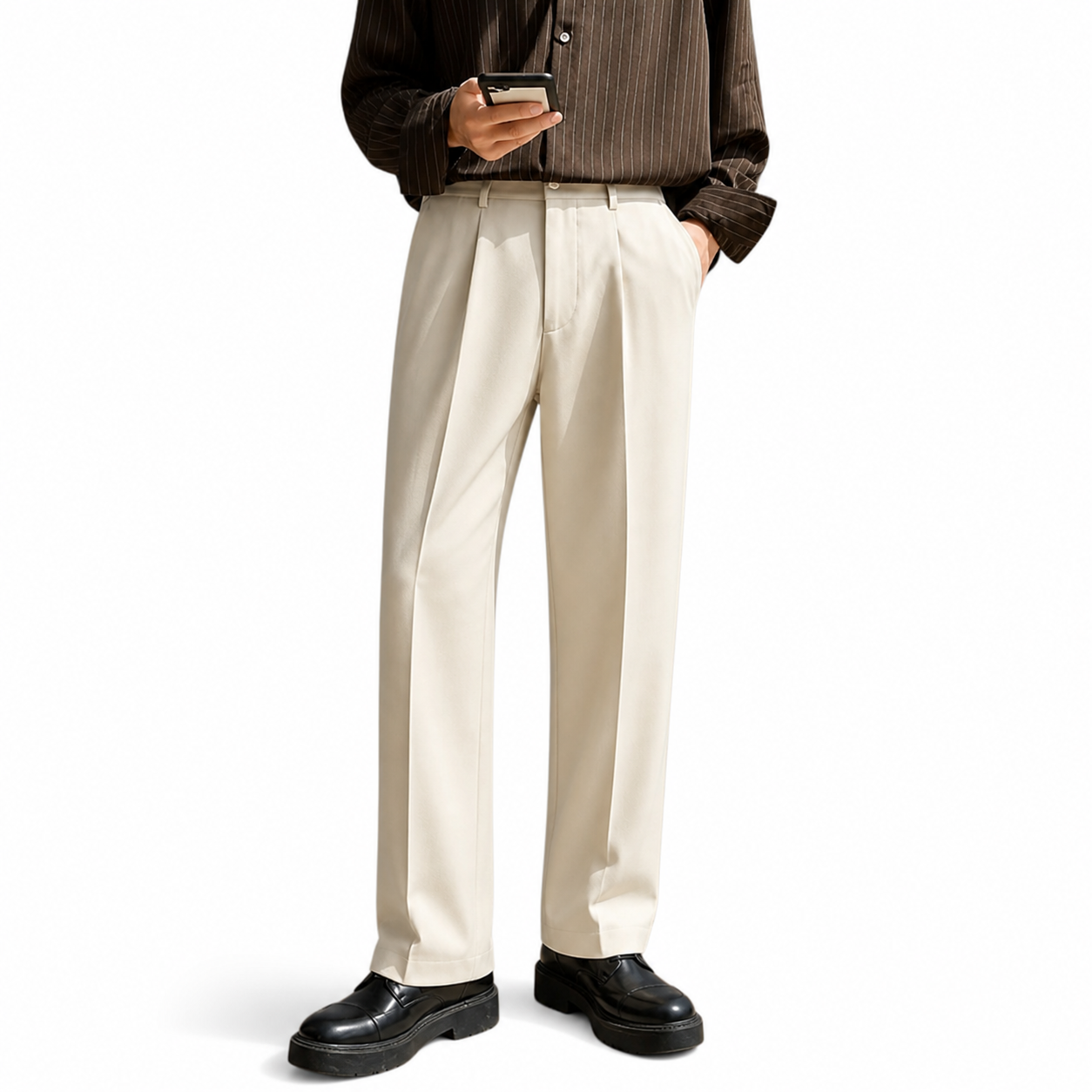 Pantalón de hombre de corte recto con pliegues frontales y cierre de botón-Pant for Men-Casaluzia