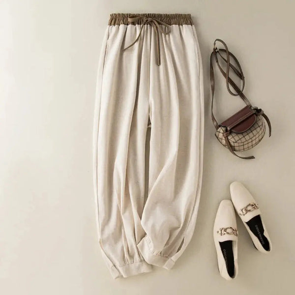Pantalón de mujer con cintura elástica, cordón ajustable, pernera estrecha y puños fruncidos-Pants for women-Casaluzia