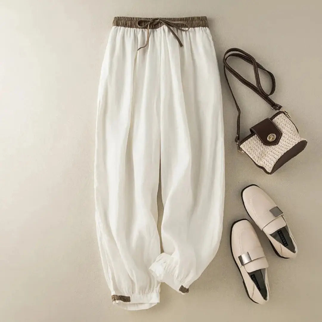 Pantalón de mujer con cintura elástica, cordón ajustable, pernera estrecha y puños fruncidos-Pants for women-Casaluzia