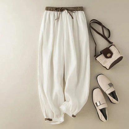 Pantalón de mujer con cintura elástica, cordón ajustable, pernera estrecha y puños fruncidos-Pants for women-Casaluzia