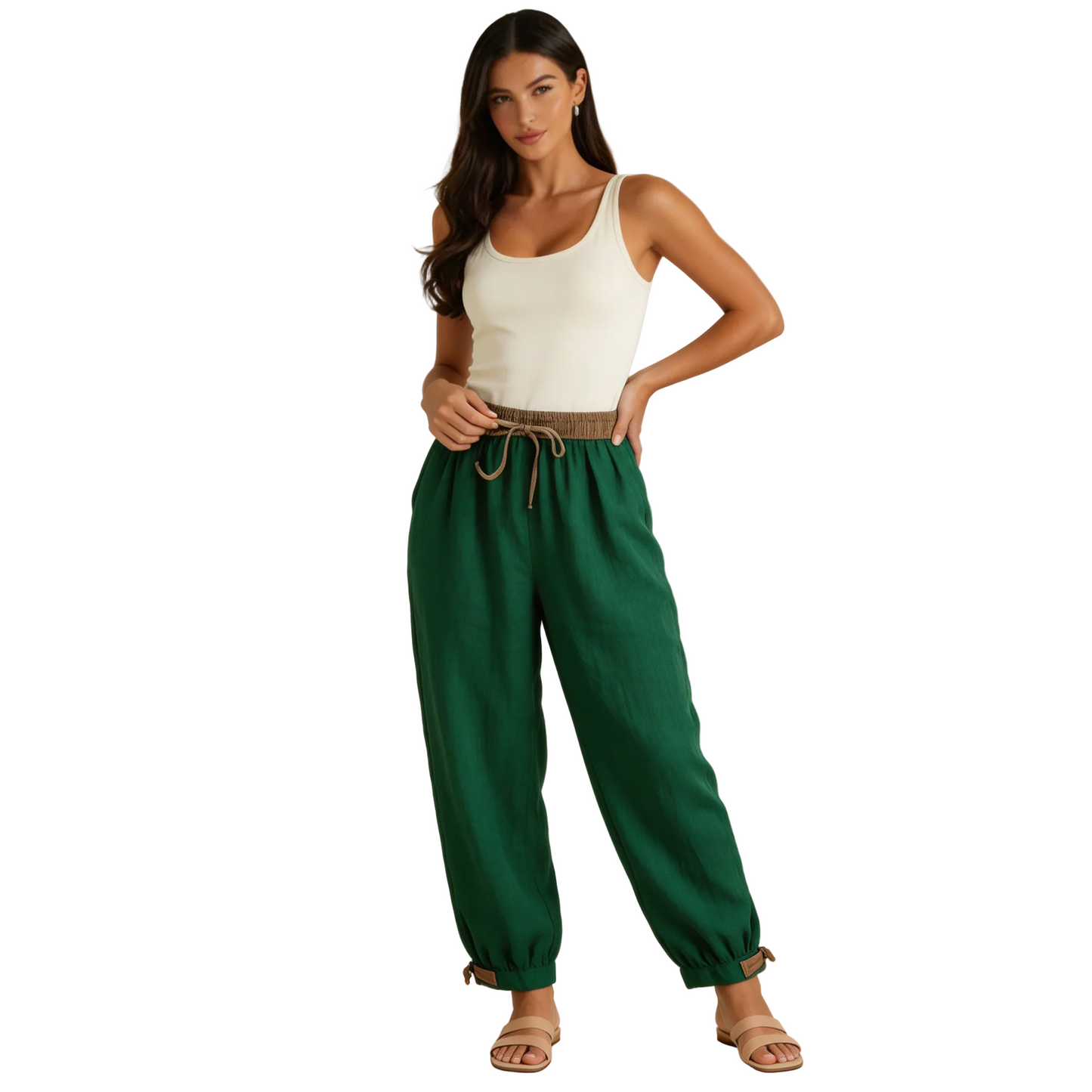 Pantalón de mujer con cintura elástica, cordón ajustable, pernera estrecha y puños fruncidos-Pants for women-Casaluzia