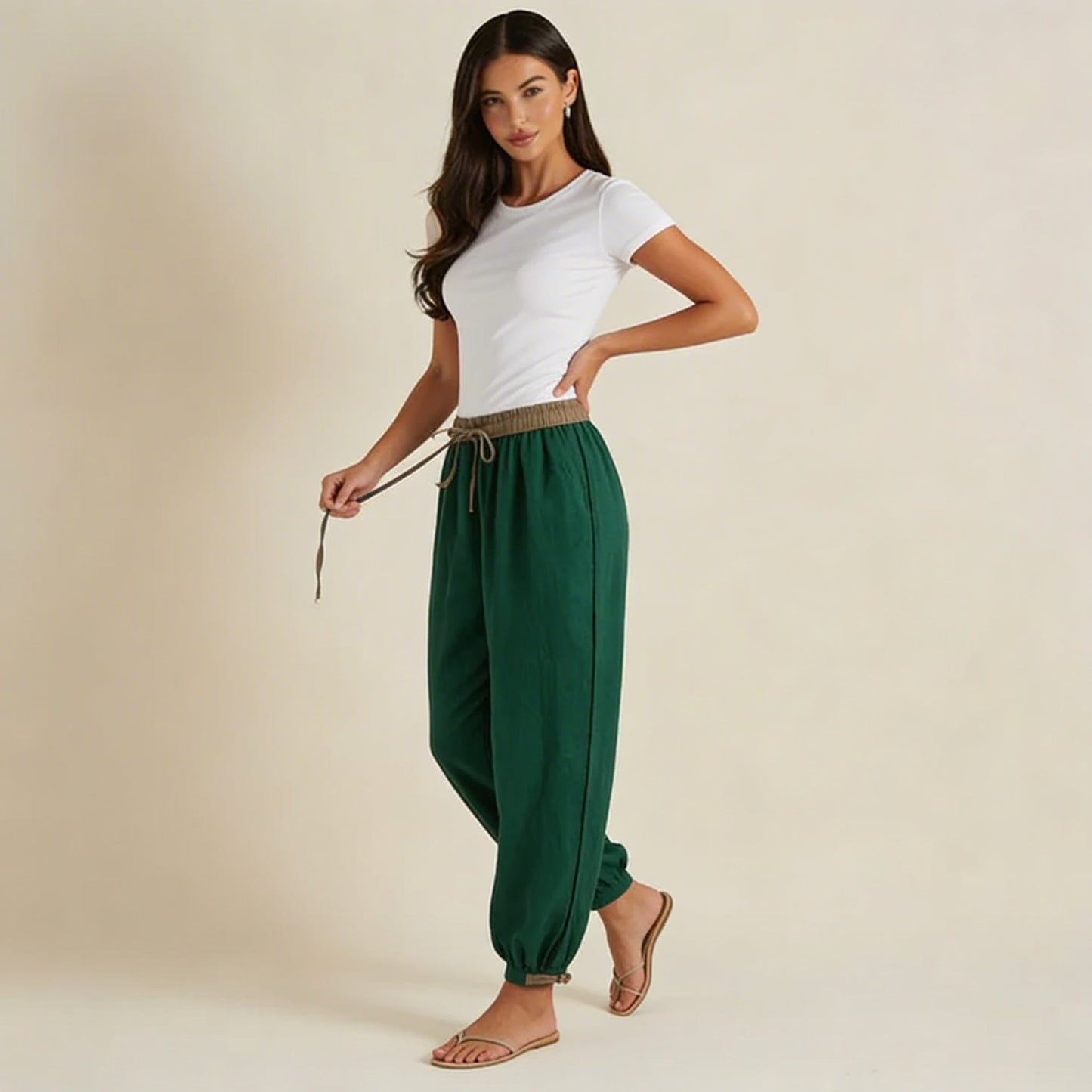 Pantalón de mujer con cintura elástica, cordón ajustable, pernera estrecha y puños fruncidos-Pants for women-Casaluzia