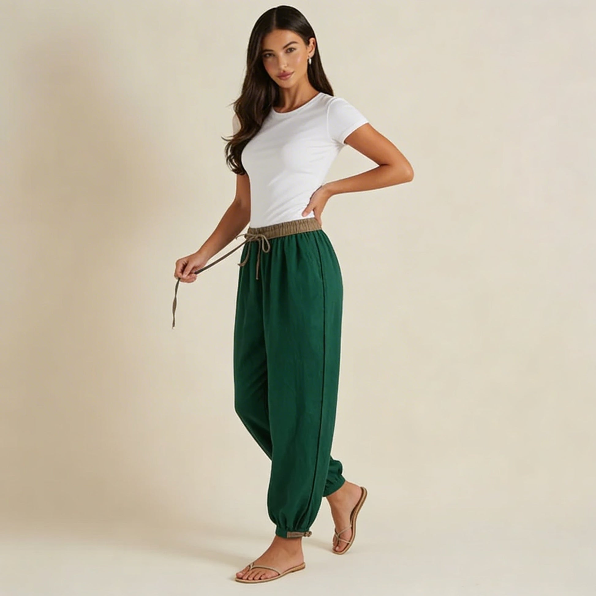 Pantalón de mujer con cintura elástica, cordón ajustable, pernera estrecha y puños fruncidos-Pants for women-Casaluzia