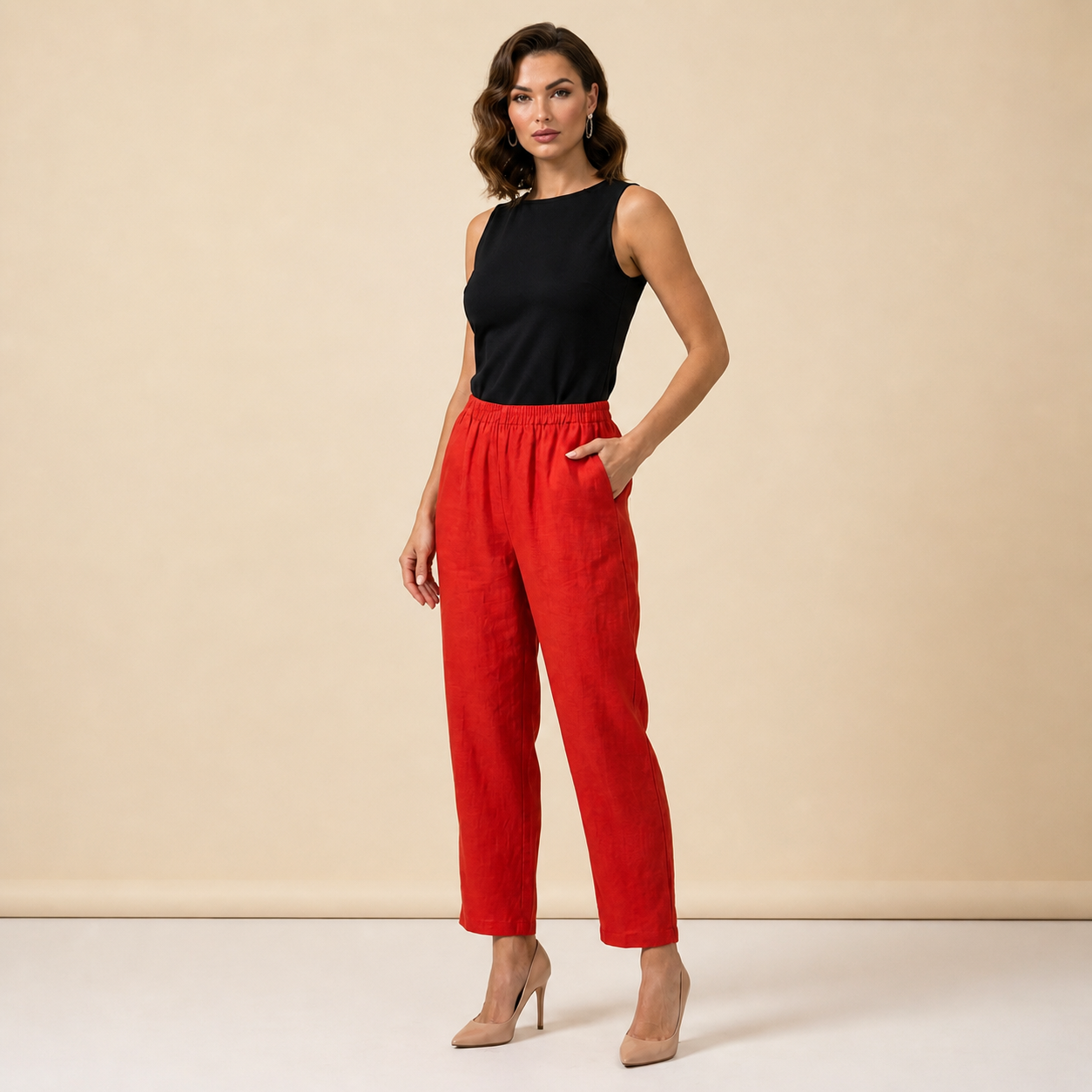 Pantalón de mujer con cintura elástica y pernera recta de longitud completa-Pants for women-Casaluzia
