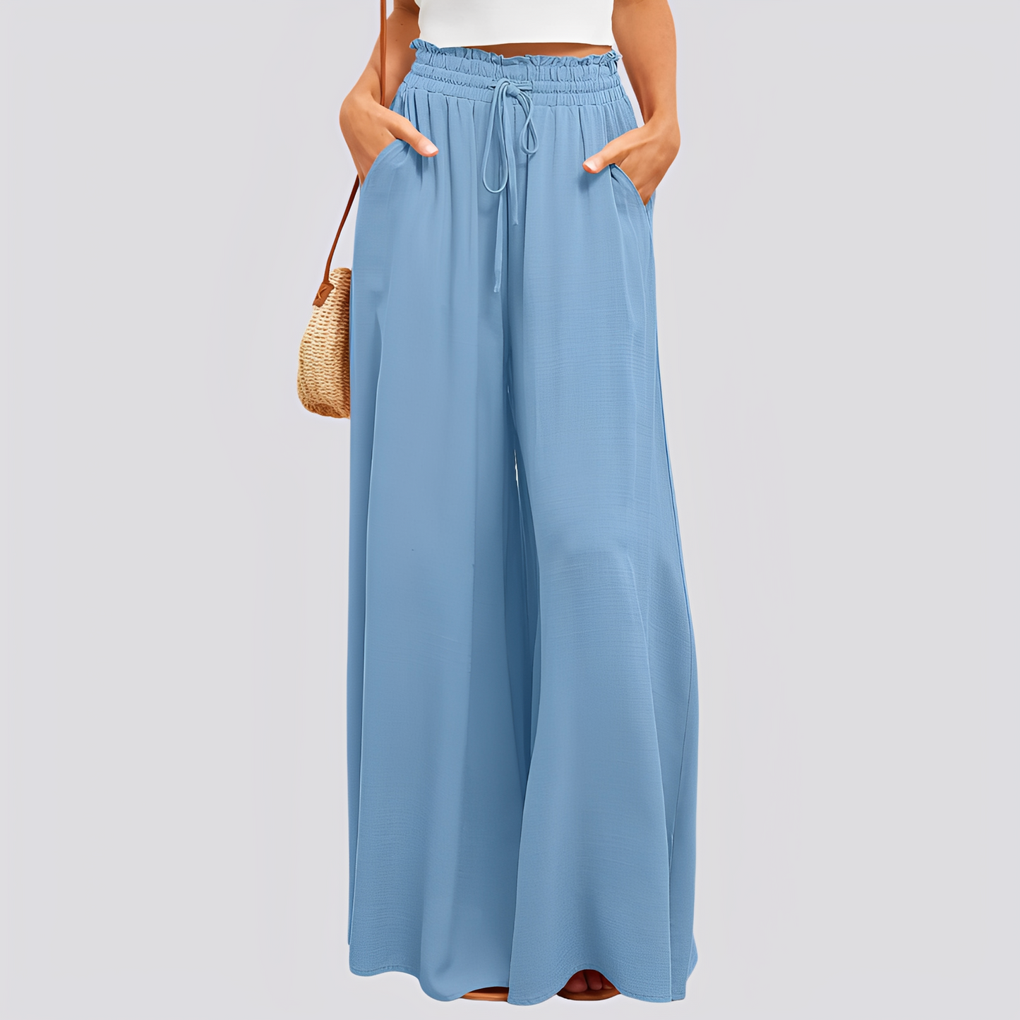 Pantalón de mujer de pierna ancha con cintura elástica y cordón ajustable-Pants for women-Casaluzia