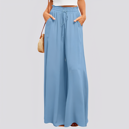 Pantalón de mujer de pierna ancha con cintura elástica y cordón ajustable-Pants for women-Casaluzia