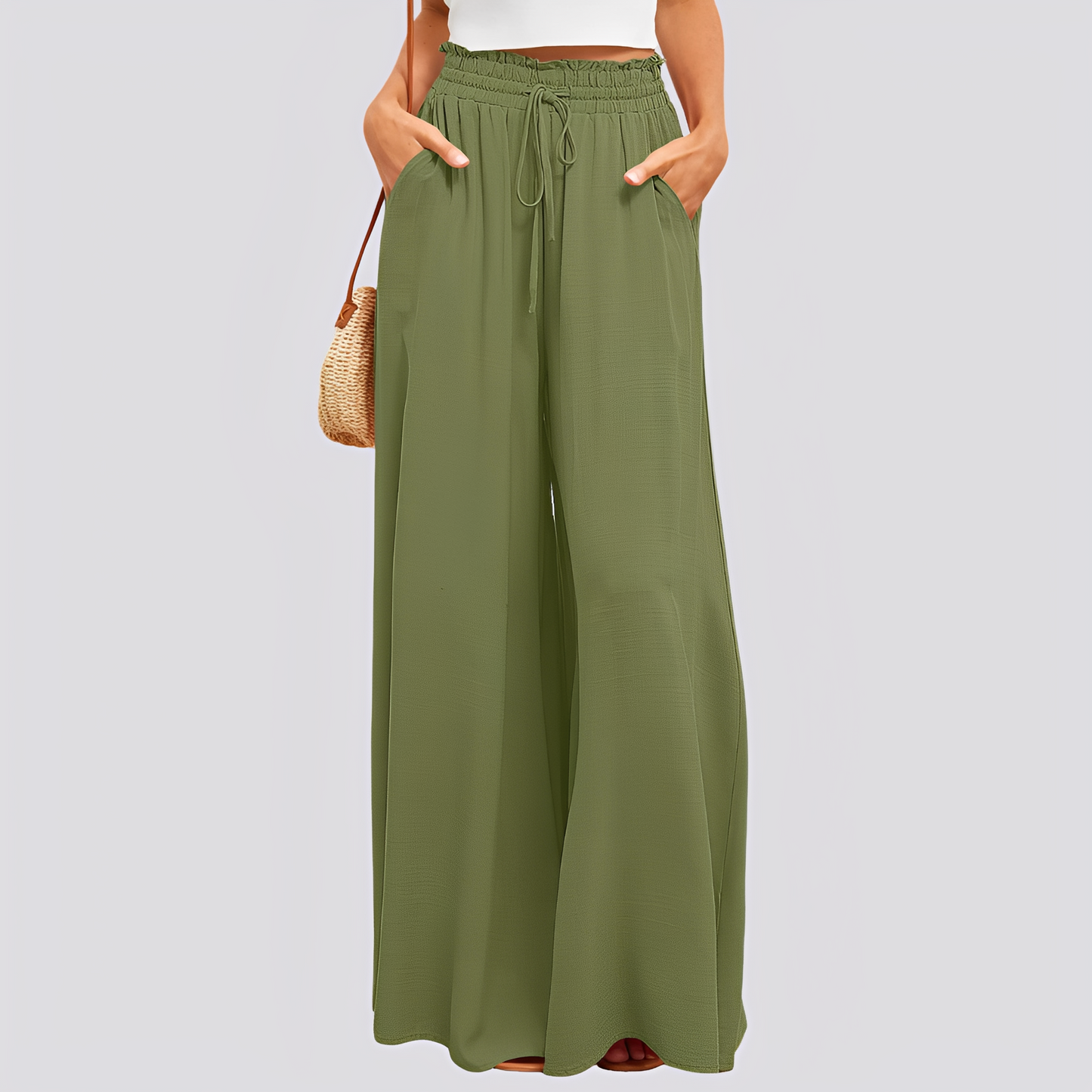 Pantalón de mujer de pierna ancha con cintura elástica y cordón ajustable-Pants for women-Casaluzia
