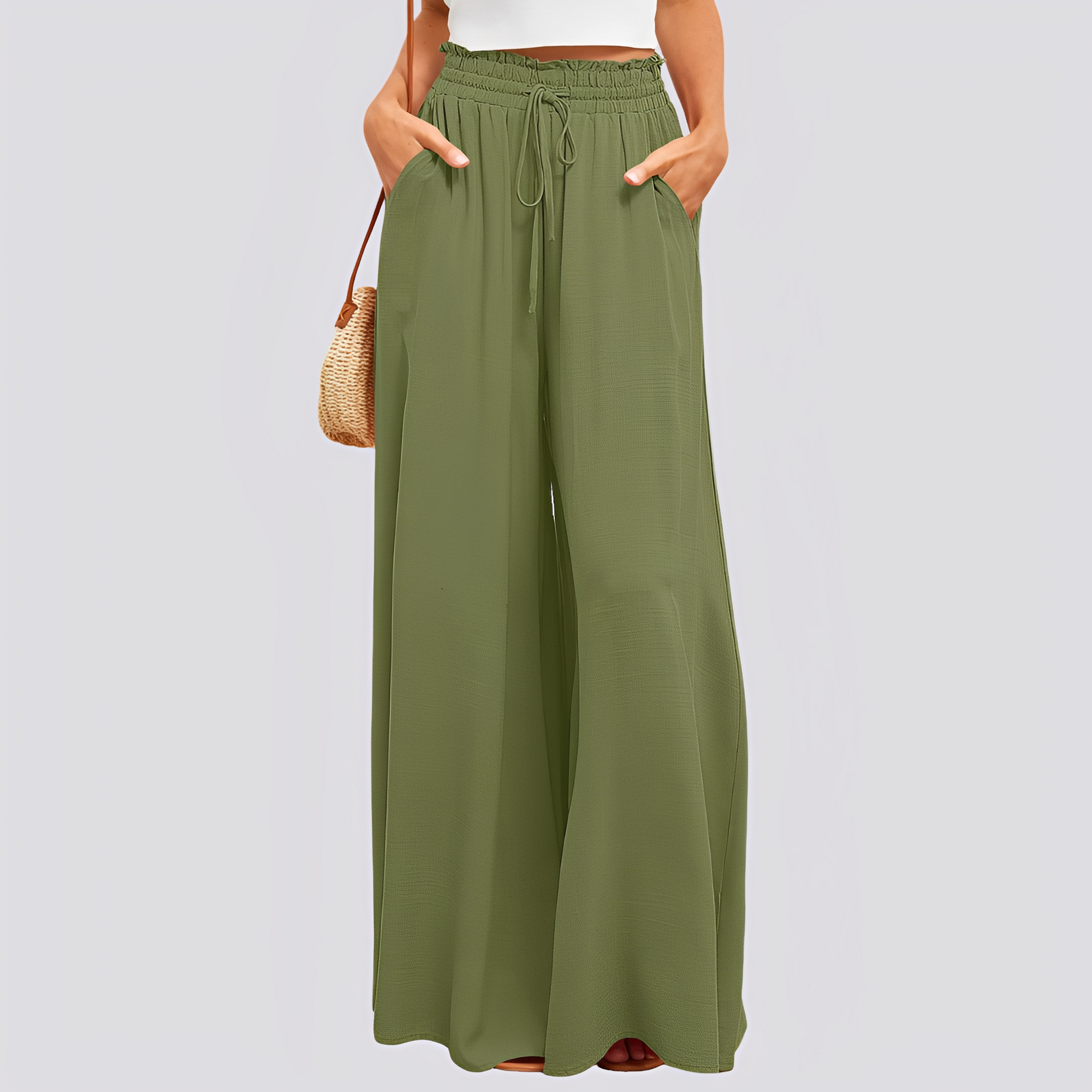 Pantalón de mujer de pierna ancha con cintura elástica y cordón ajustable-Pants for women-Casaluzia