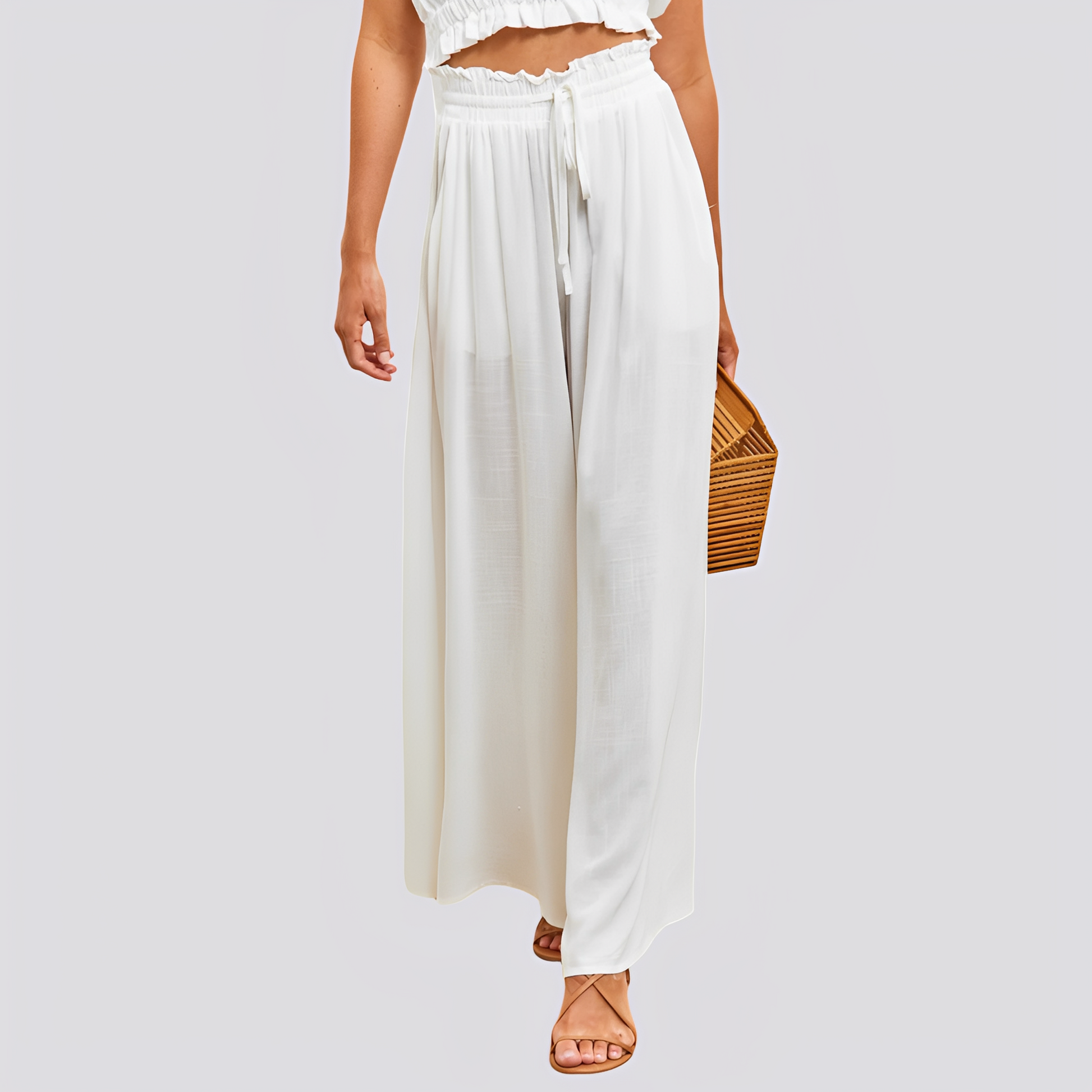 Pantalón de mujer de pierna ancha con cintura elástica y cordón ajustable-Pants for women-Casaluzia