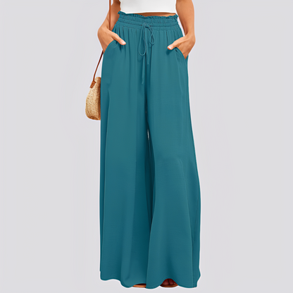 Pantalón de mujer de pierna ancha con cintura elástica y cordón ajustable-Pants for women-Casaluzia