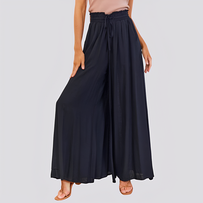 Pantalón de mujer de pierna ancha con cintura elástica y cordón ajustable-Pants for women-Casaluzia