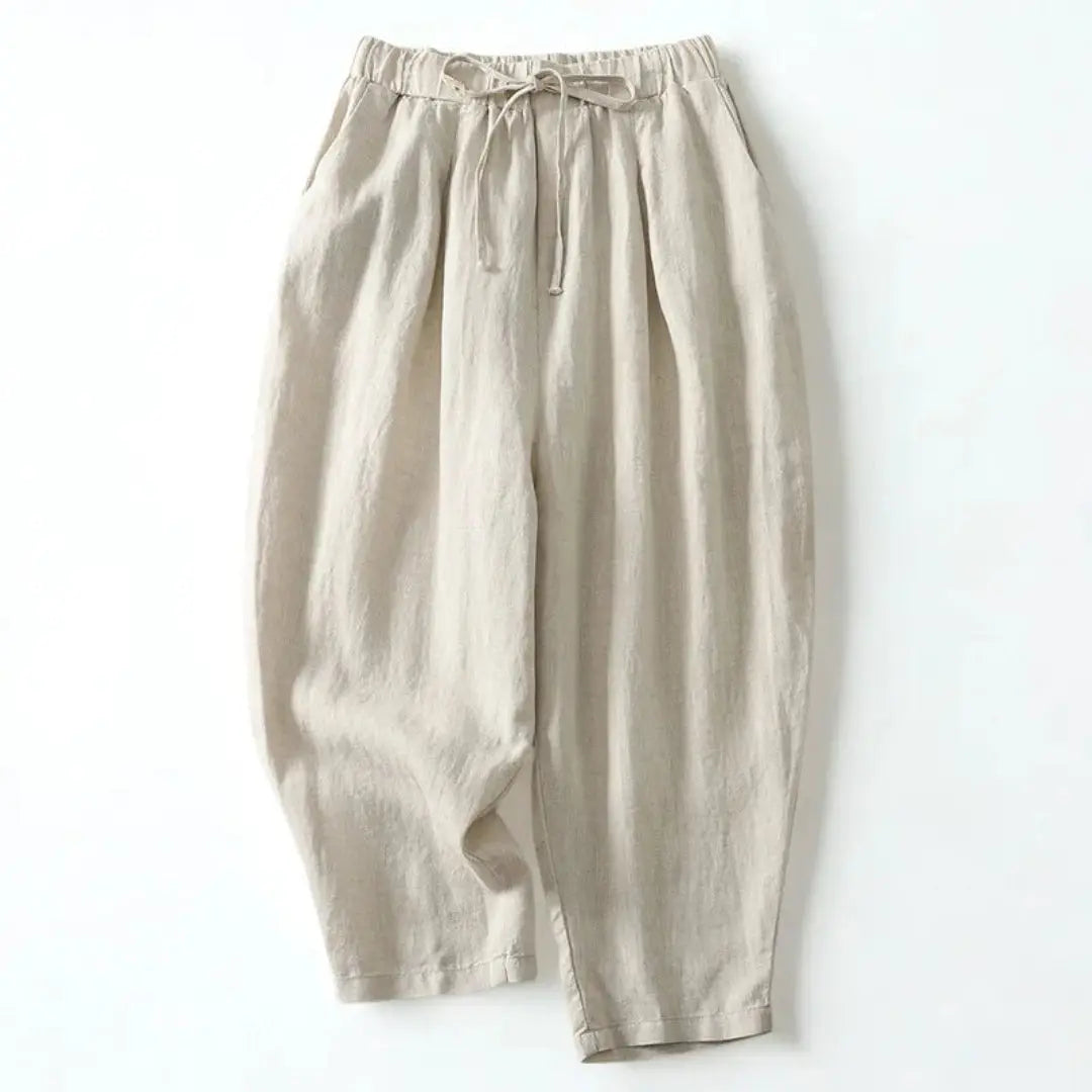 Pantalón de mujer de tiro alto con pernera ancha, cordón ajustable y bolsillos laterales-Pants for women-Casaluzia