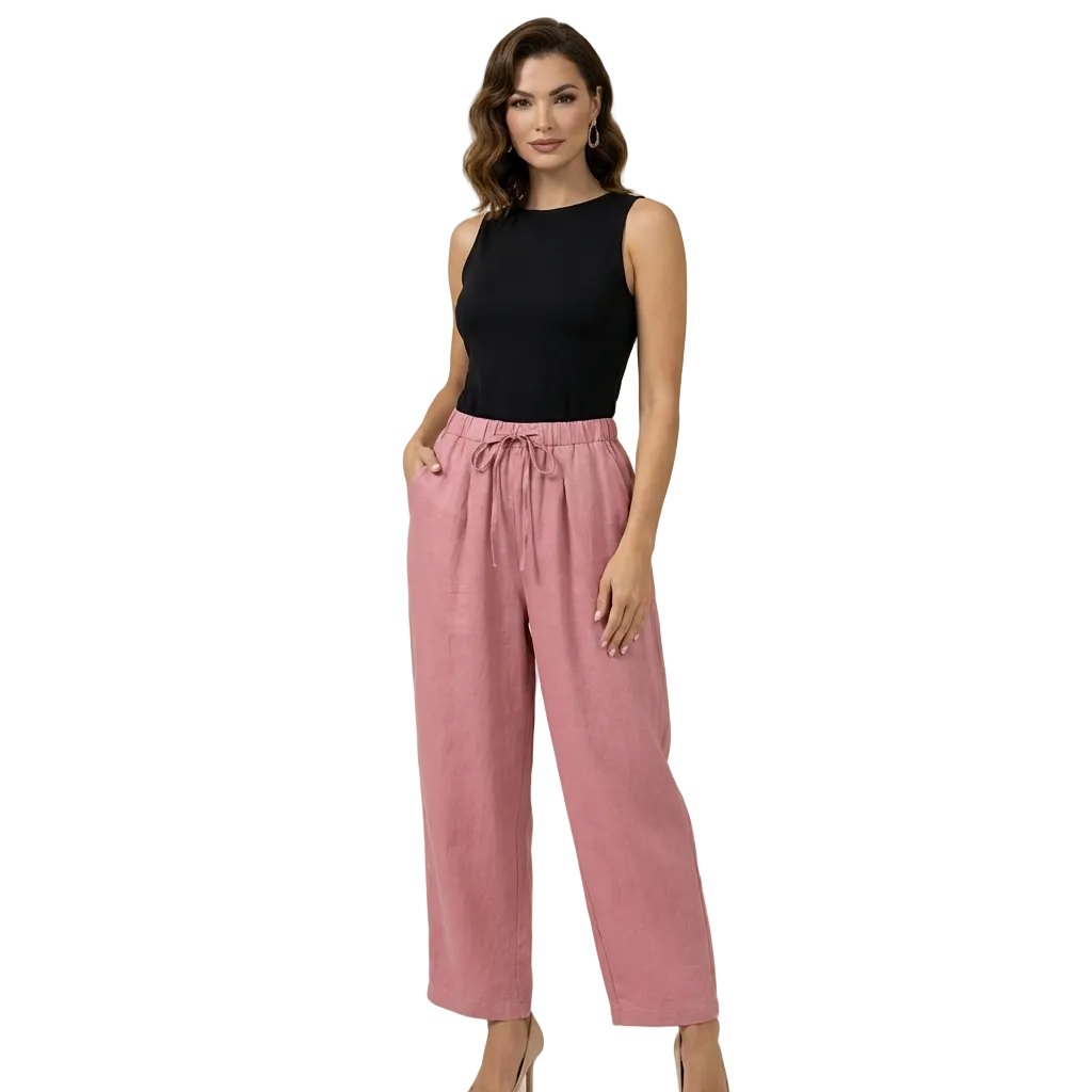 Pantalón de mujer de tiro alto con pernera ancha, cordón ajustable y bolsillos laterales-Pants for women-Casaluzia