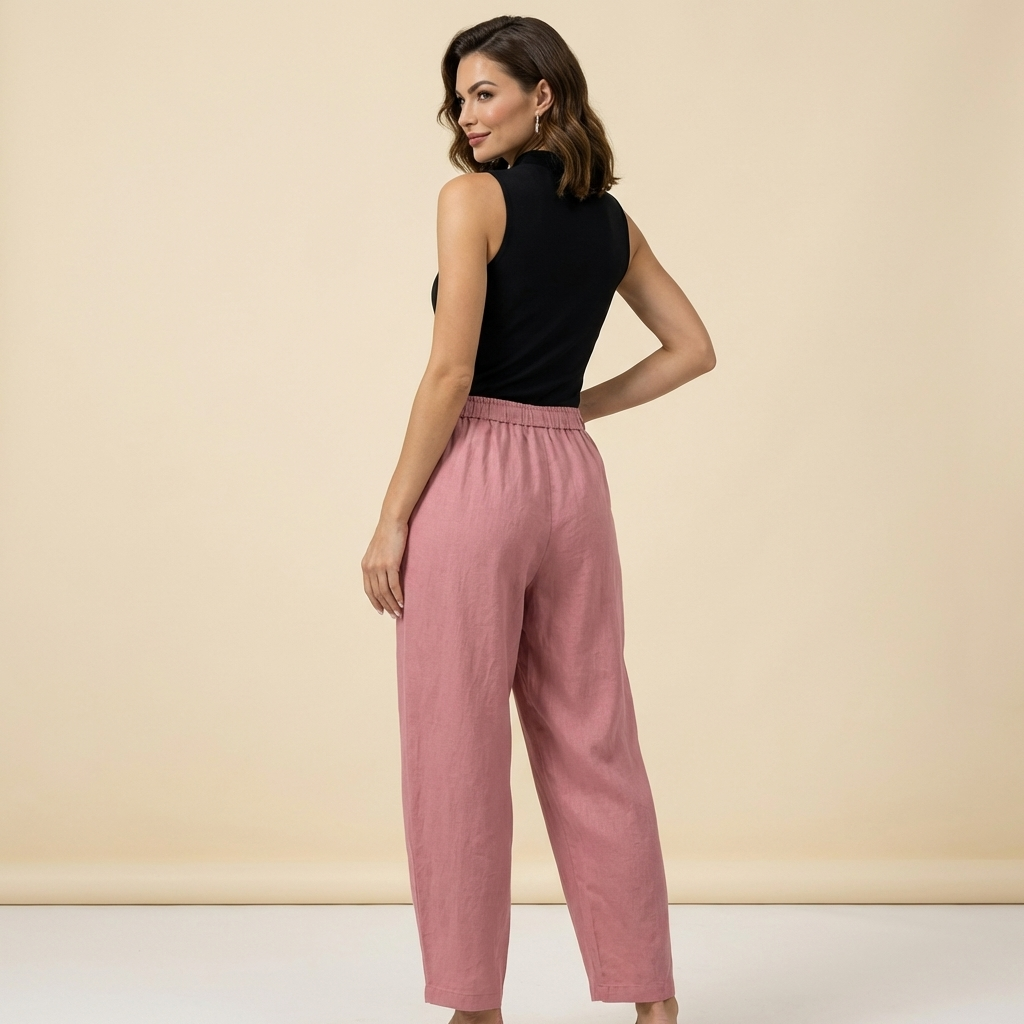 Pantalón de mujer de tiro alto con pernera ancha, cordón ajustable y bolsillos laterales-Pants for women-Casaluzia