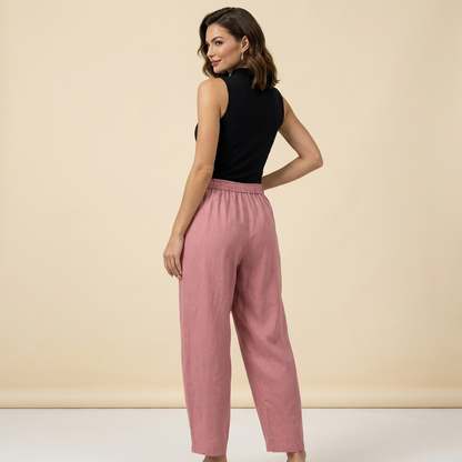 Pantalón de mujer de tiro alto con pernera ancha, cordón ajustable y bolsillos laterales-Pants for women-Casaluzia