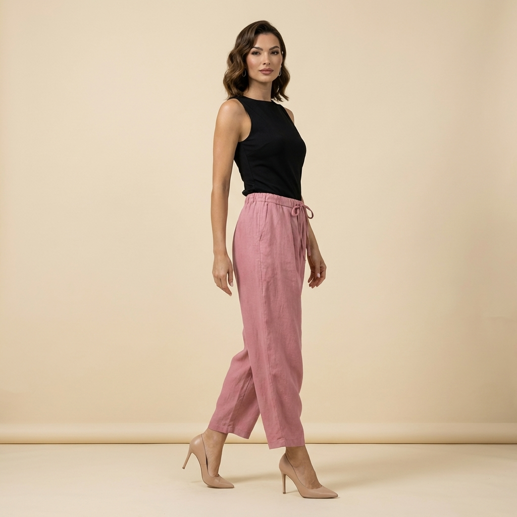 Pantalón de mujer de tiro alto con pernera ancha, cordón ajustable y bolsillos laterales-Pants for women-Casaluzia