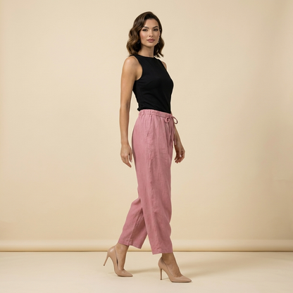Pantalón de mujer de tiro alto con pernera ancha, cordón ajustable y bolsillos laterales-Pants for women-Casaluzia