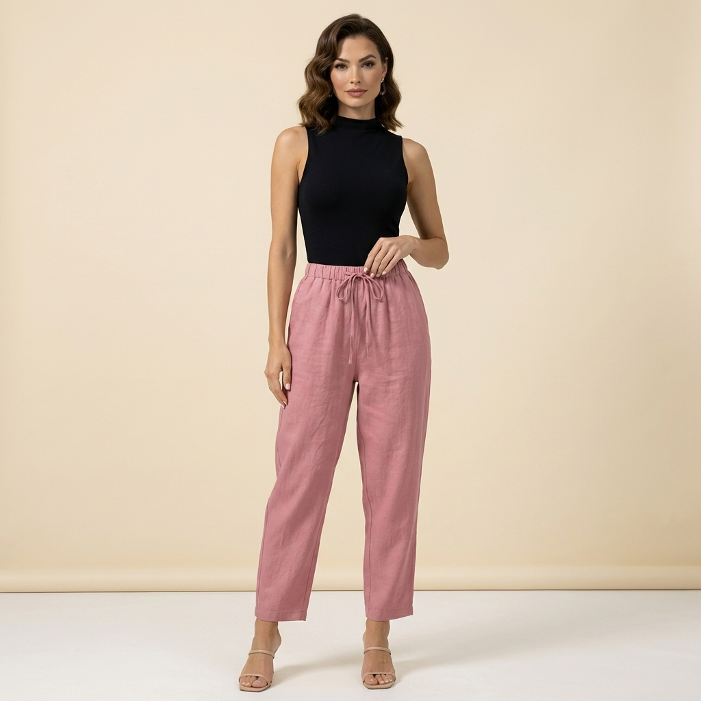 Pantalón de mujer de tiro alto con pernera ancha, cordón ajustable y bolsillos laterales-Pants for women-Casaluzia