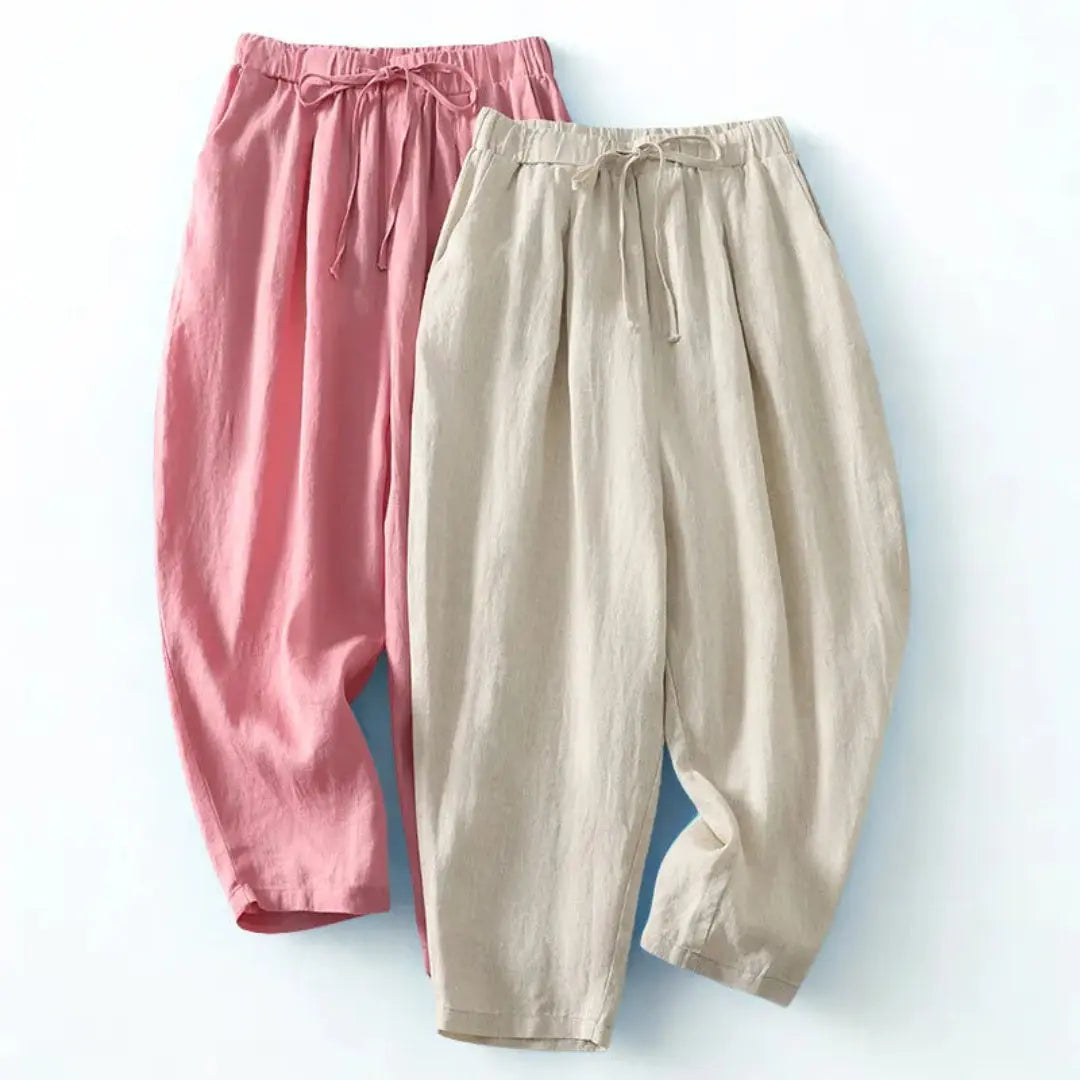 Pantalón de mujer de tiro alto con pernera ancha, cordón ajustable y bolsillos laterales-Pants for women-Casaluzia