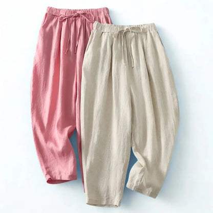 Pantalón de mujer de tiro alto con pernera ancha, cordón ajustable y bolsillos laterales-Pants for women-Casaluzia