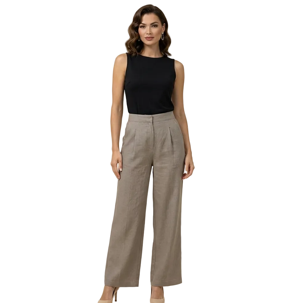 Pantalón de mujer de tiro alto con pernera ancha, pliegues frontales y bolsillos laterales-Pants for women-Casaluzia