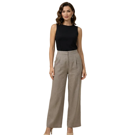 Pantalón de mujer de tiro alto con pernera ancha, pliegues frontales y bolsillos laterales-Pants for women-Casaluzia