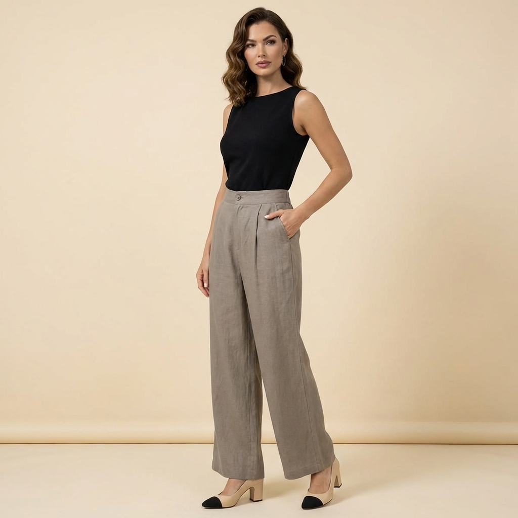 Pantalón de mujer de tiro alto con pernera ancha, pliegues frontales y bolsillos laterales-Pants for women-Casaluzia