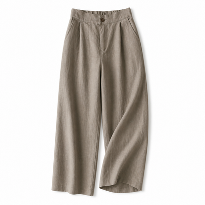 Pantalón de mujer de tiro alto con pernera ancha, pliegues frontales y bolsillos laterales-Pants for women-Casaluzia