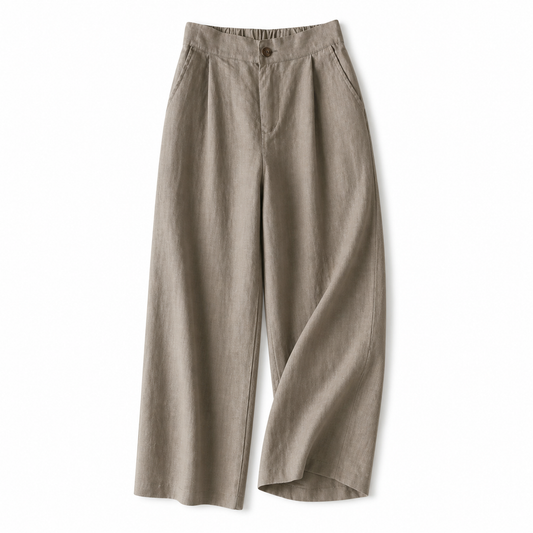 Pantalón de mujer de tiro alto con pernera ancha, pliegues frontales y bolsillos laterales-Pants for women-Casaluzia