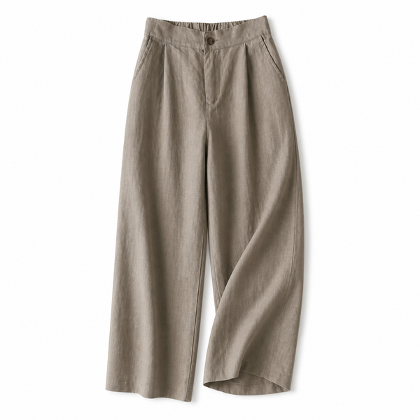 Pantalón de mujer de tiro alto con pernera ancha, pliegues frontales y bolsillos laterales