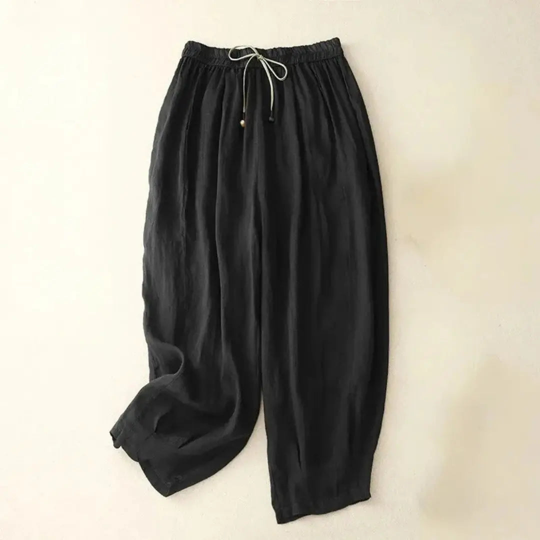 Pantalón de mujer de tiro alto con pernera recta, cordón ajustable y bolsillos laterales-Pants for women-Casaluzia