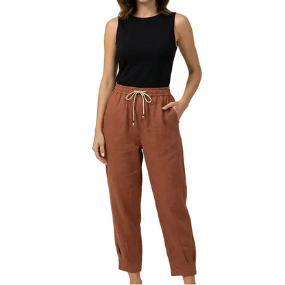 Pantalón de mujer de tiro alto con pernera recta, cordón ajustable y bolsillos laterales-Pants for women-Casaluzia