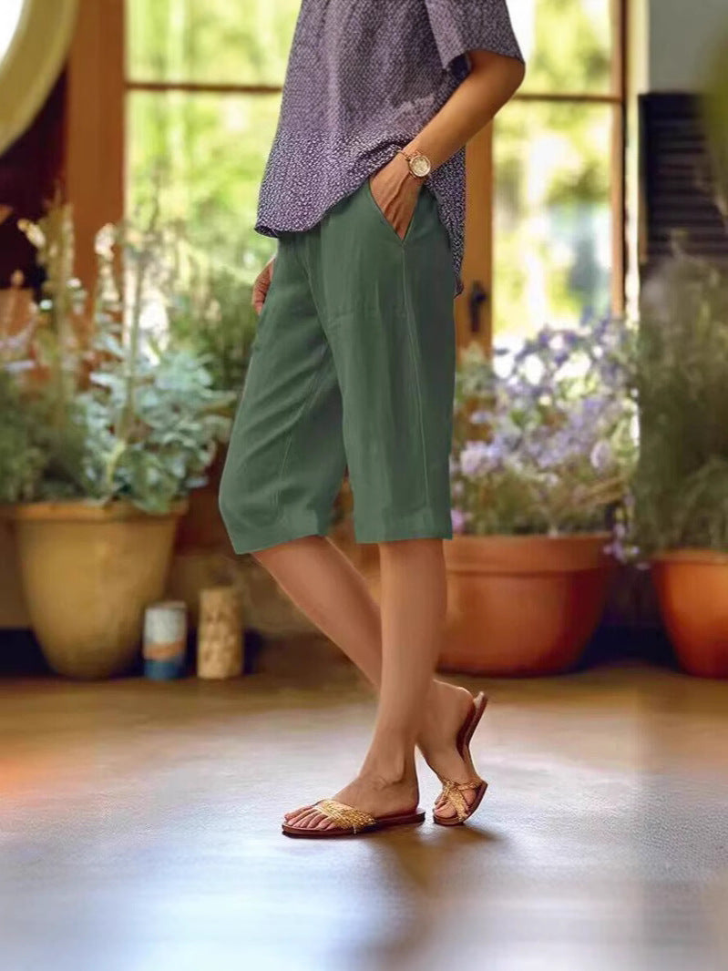 Pantalones cortos de lino de pierna ancha hasta la rodilla para mujer-Shorts for women-Casaluzia