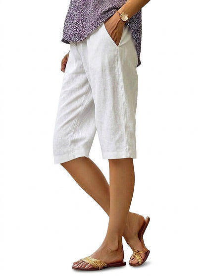 Pantalones cortos de lino de pierna ancha hasta la rodilla para mujer-Shorts for women-Casaluzia
