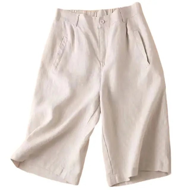 Pantalones cortos de mezcla de lino con pliegues y largo a la rodilla para mujer-Shorts for women-Casaluzia