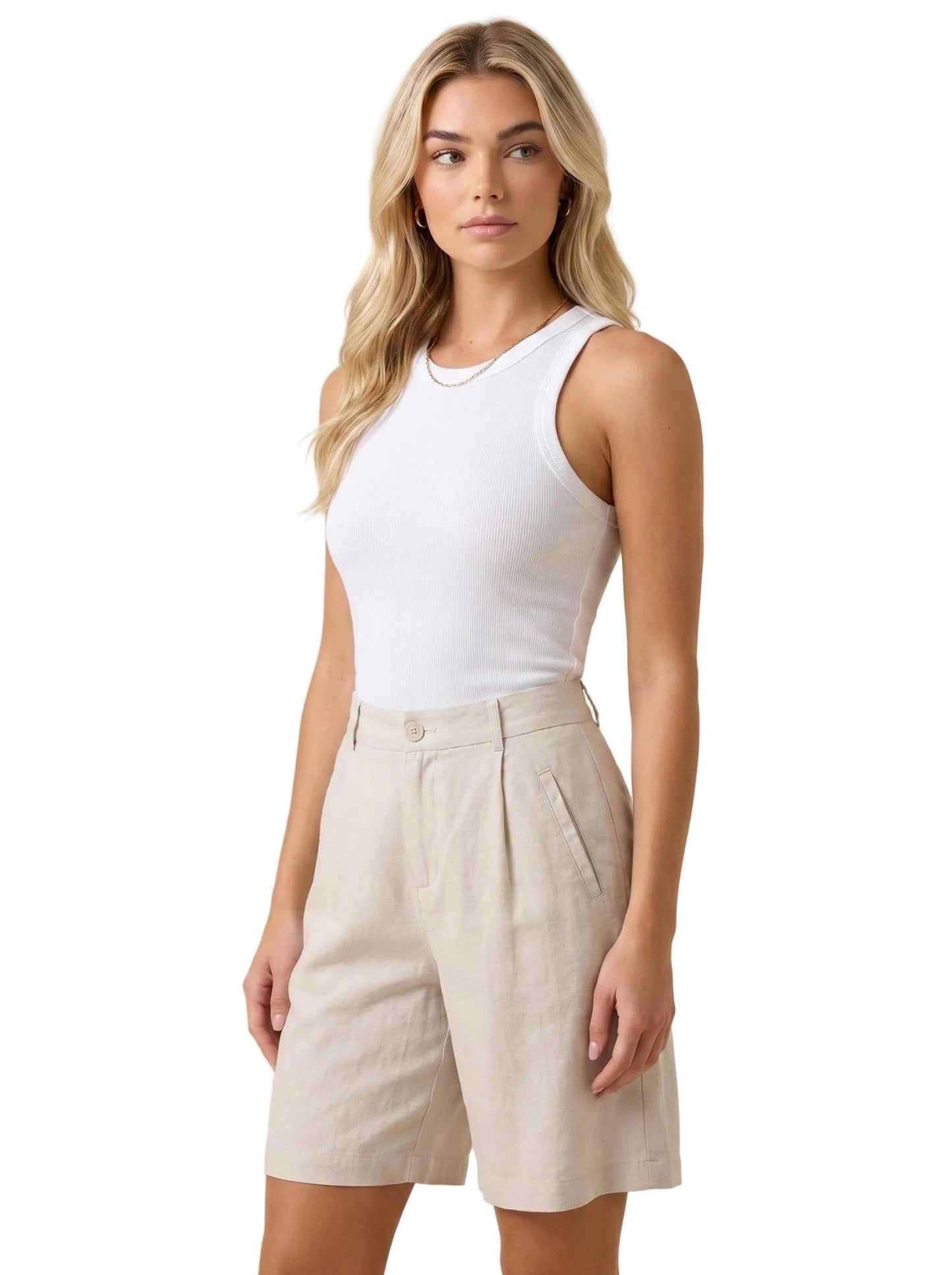 Pantalones cortos de mezcla de lino con pliegues y largo a la rodilla para mujer-Shorts for women-Casaluzia